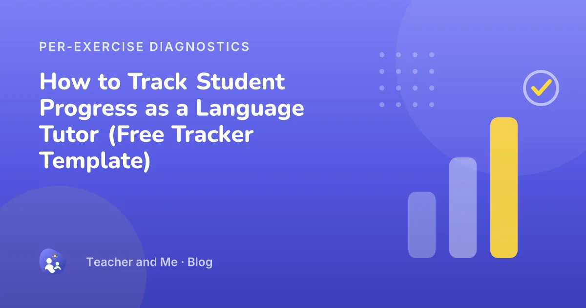 Rising diagnostic bars with a completion check, illustrated cover for “How to Track Student Progress as a Language Tutor (Free Tracker Template)”