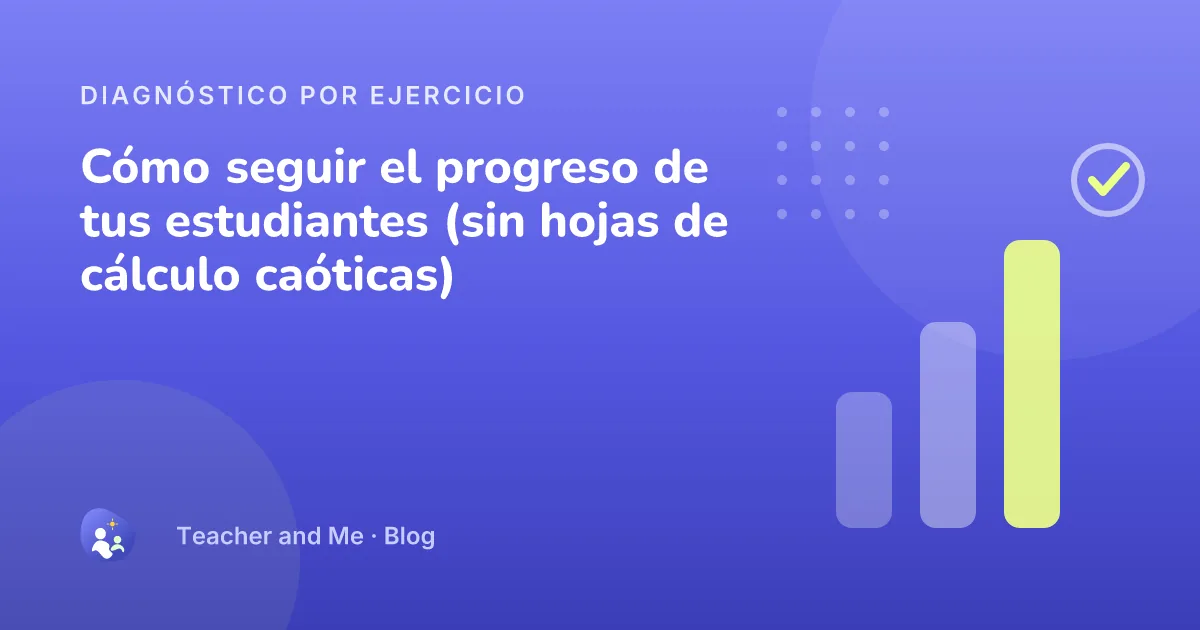 Barras de diagnóstico ascendentes con una marca de completado, ilustración de portada de «Cómo seguir el progreso de tus estudiantes (sin hojas de cálculo caóticas)»