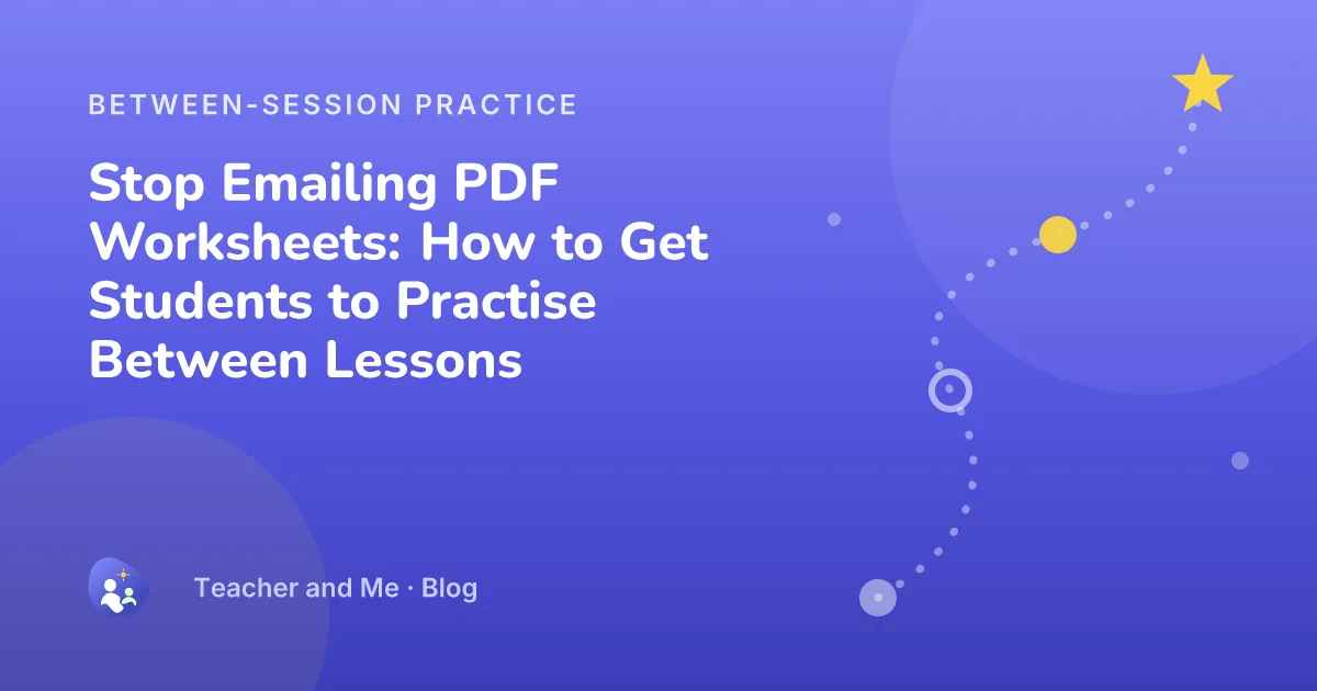 Winding practice path with milestone markers and a star, illustrated cover for “Stop Emailing PDF Worksheets: How to Get Students to Practise Between Lessons”