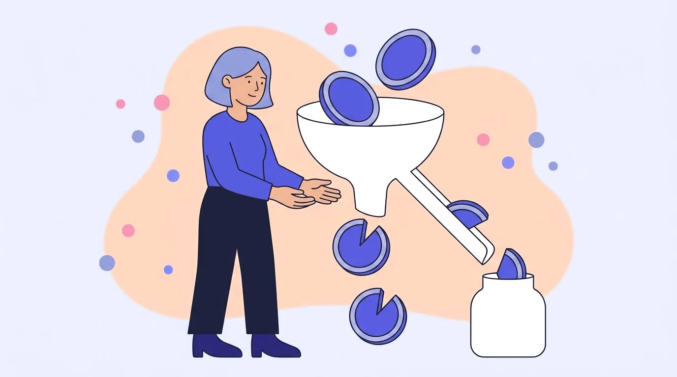Coins fall through a funnel and come out with a slice missing; a chute on the funnel carries the slices into a jar, while the tutor holds out her hands beside the spout