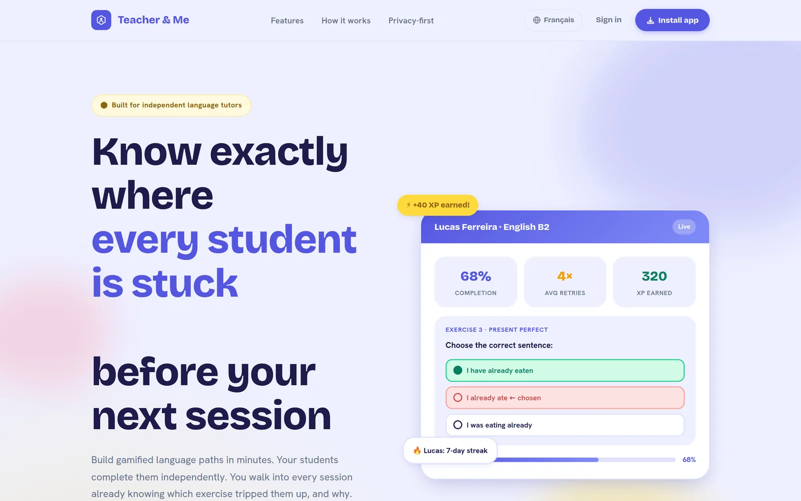 Teacher and Me landing page: 'Know exactly where every student is stuck before your next session', next to a live student card showing completion, retries and XP