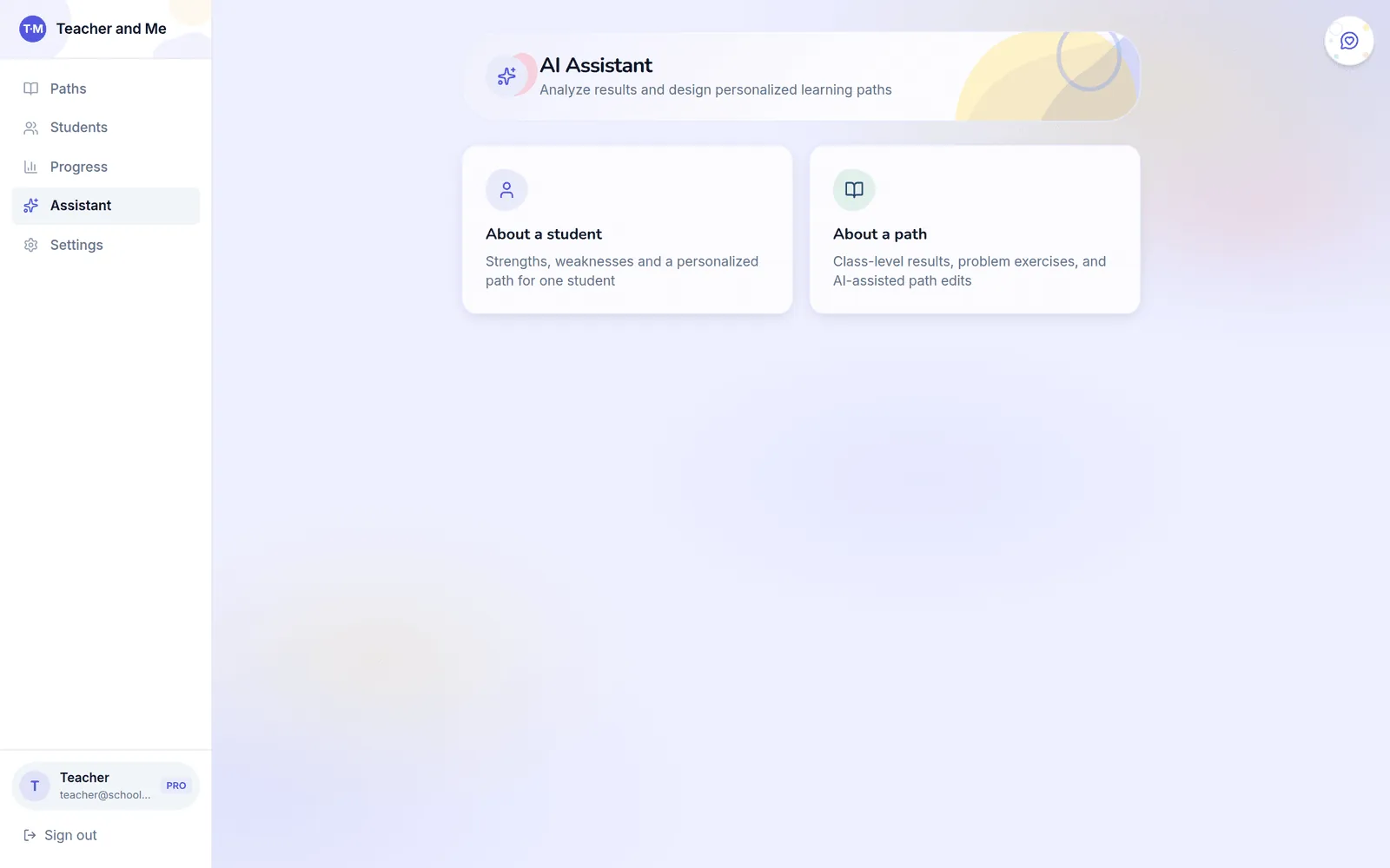 Écran AI Assistant avec deux entrées : « About a student » pour les forces, faiblesses et un parcours personnalisé, et « About a path » pour les résultats collectifs et les modifications assistées par IA