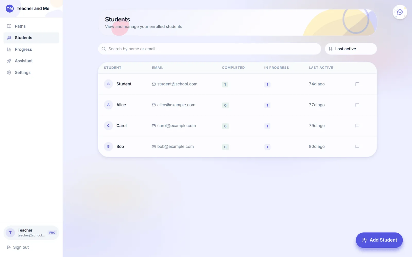 Table des élèves montrant e-mail, parcours terminés et en cours, dernière activité, avec un bouton Add Student