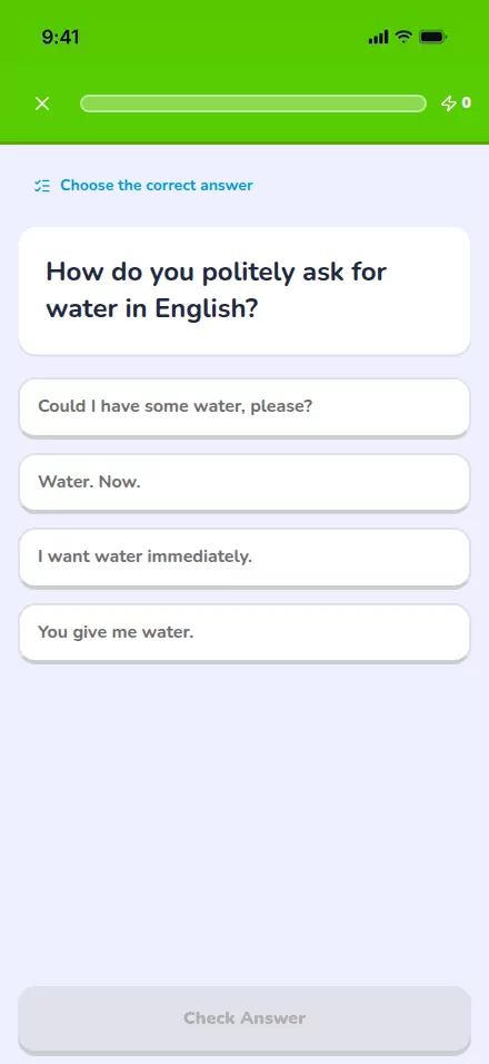 Vježba višestrukog izbora na učenikovom telefonu: „How do you politely ask for water in English?“ iznad četiri ponuđena odgovora.