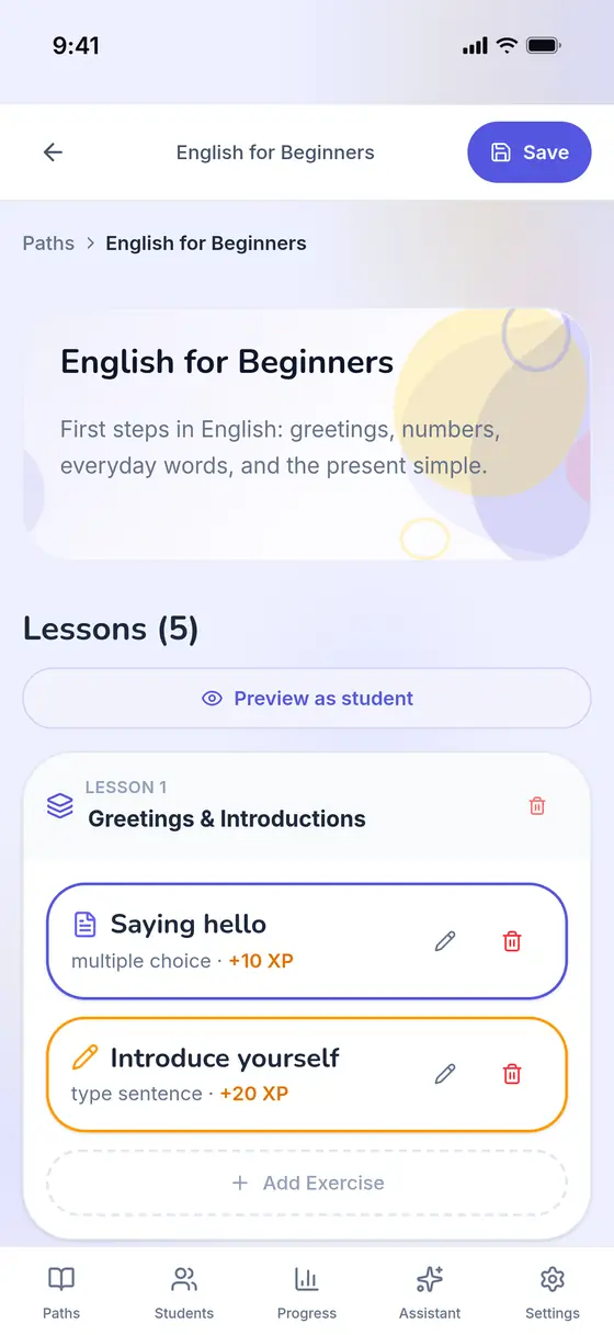 Uređivač za „English for Beginners“: lekcija 1 sadrži vježbu višestrukog izbora za 10 XP i vježbu kucanja rečenice za 20 XP, a ispod njih „Add Exercise“.