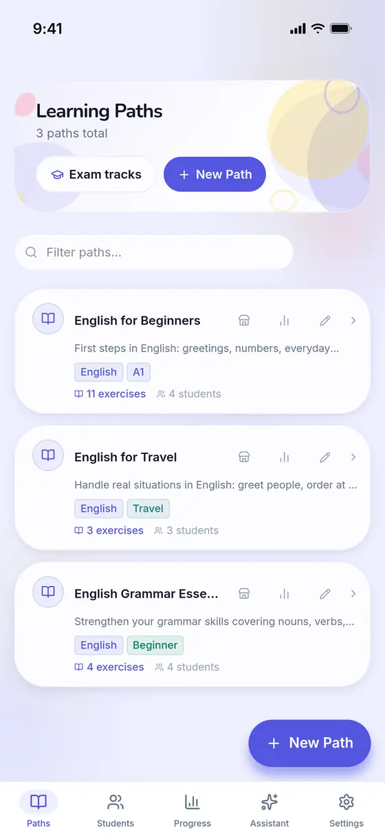 Lista putova učenja u aplikaciji za profesore: tri puta, prvi „English for Beginners“ s 11 vježbi za 4 učenika.