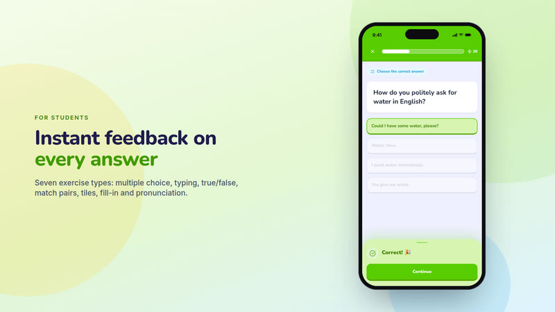 Poster card “Instant feedback on every answer”: A multiple-choice question answered correctly, on a phone. Interface in English, invented demo data.