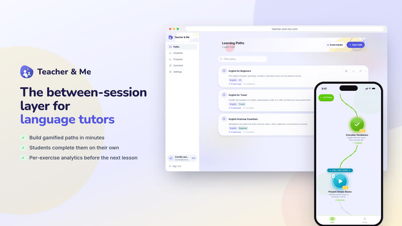 Poster card “The between-session layer for language tutors”: The one card that says what the product is: logo, tagline and both apps side by side. Interface in English, invented demo data.