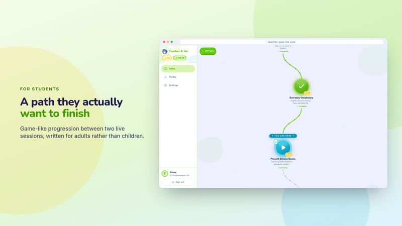 Poster card “A path they actually want to finish”: The student’s winding lesson map in a browser frame. Interface in English, invented demo data.