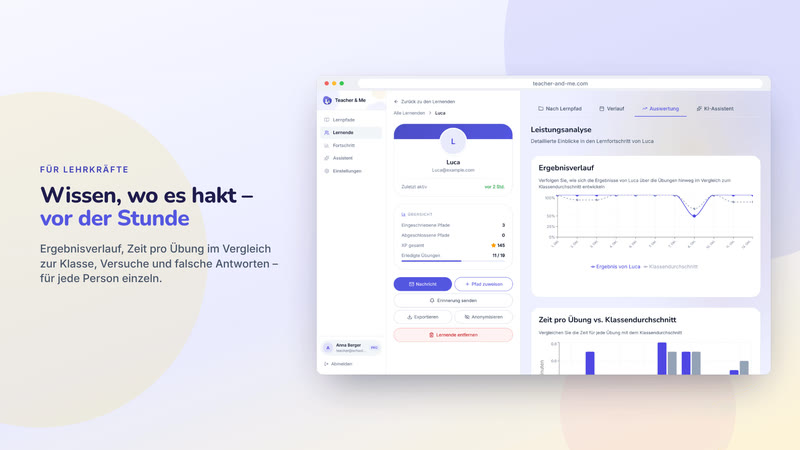 Poster card “Wissen, wo es hakt – vor der Stunde”: One student’s analytics in a browser frame: score over time and time per exercise. Interface in German, invented demo data.