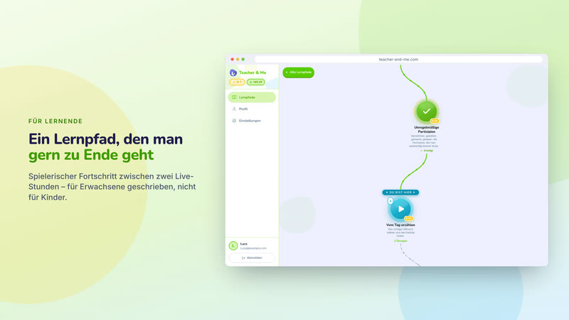 Poster card “Ein Lernpfad, den man gern zu Ende geht”: The student’s winding lesson map in a browser frame. Interface in German, invented demo data.
