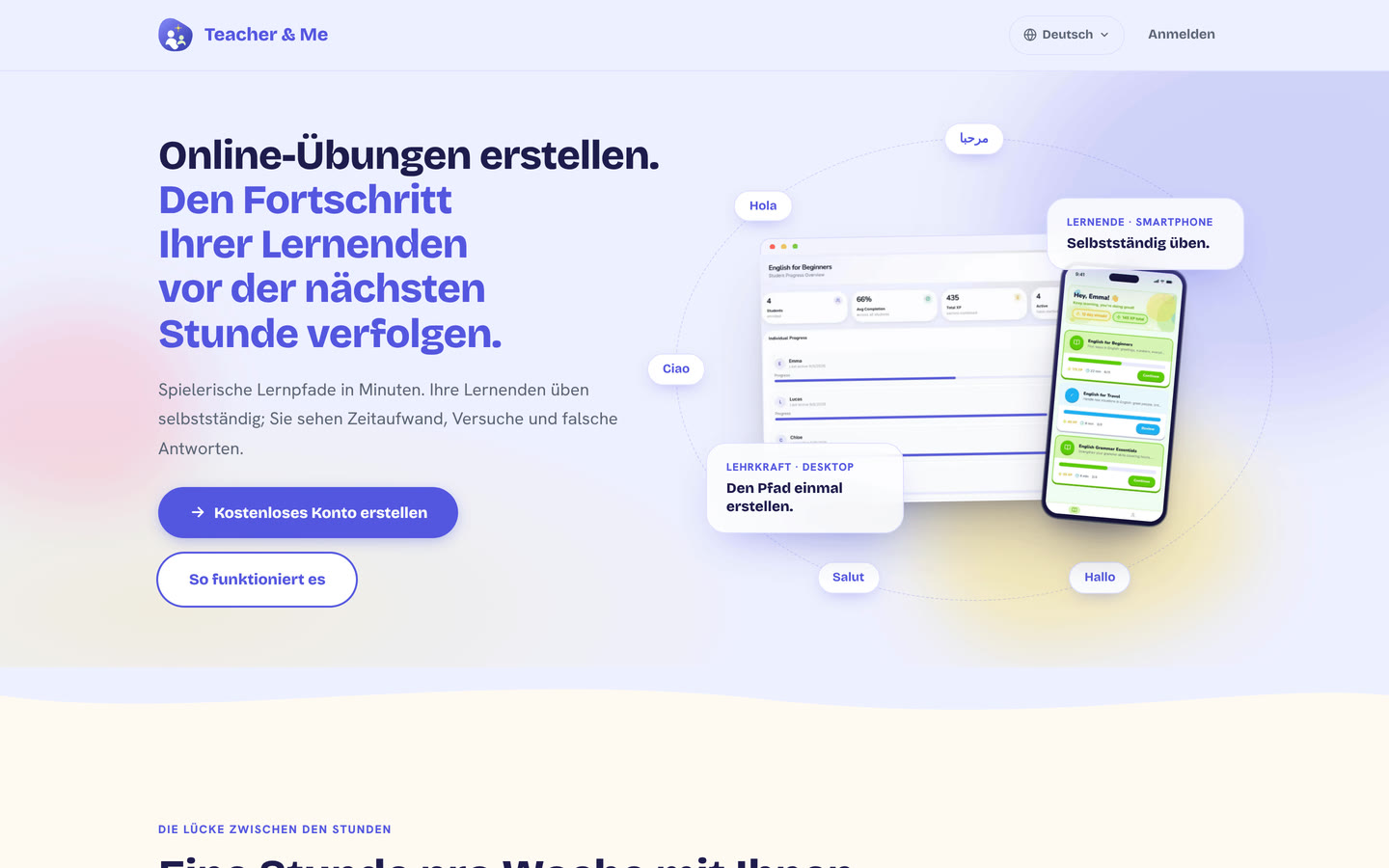 Homepage on desktop: The public homepage as it first paints, above the fold. Interface in German, invented demo data.