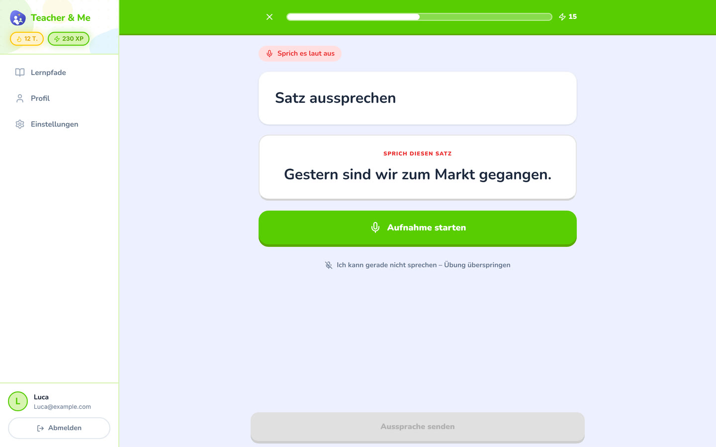 Pronunciation on desktop: The pronunciation exercise at rest, before recording. Interface in German, invented demo data.