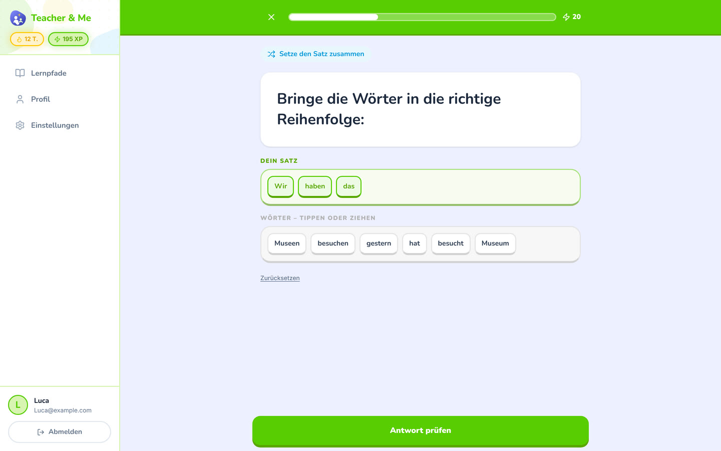 Sentence tiles on desktop: The tile builder mid-answer: a sentence being assembled word by word. Interface in German, invented demo data.
