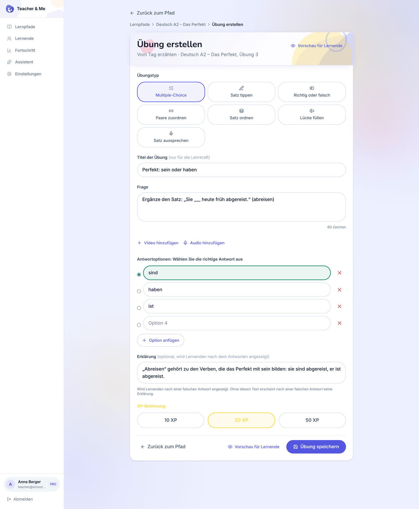 Exercise editor on desktop: The form one exercise is written in, filled with a multiple-choice question. Interface in German, invented demo data.