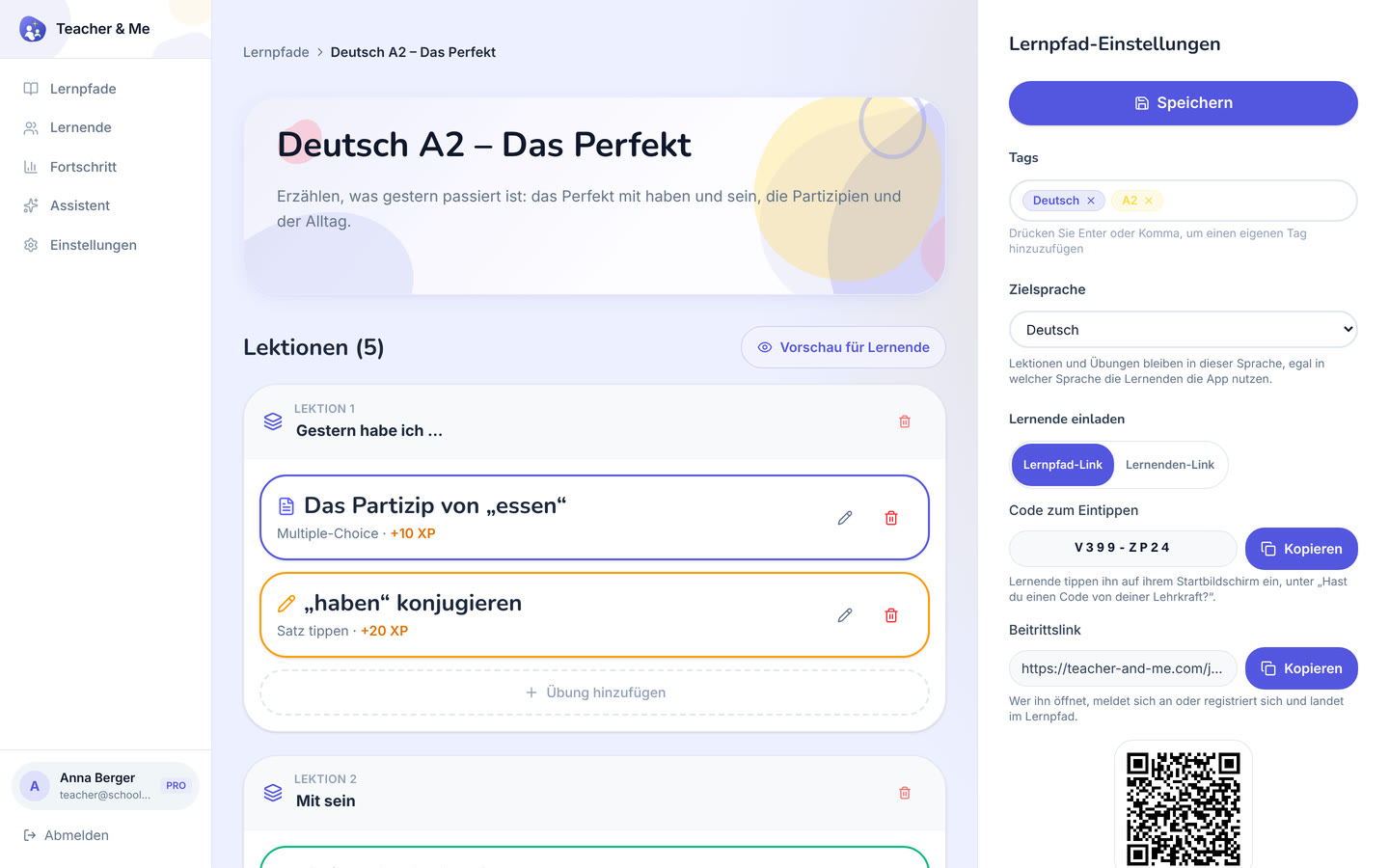 Path editor on desktop: One path opened for editing: its lessons, in order. Interface in German, invented demo data.