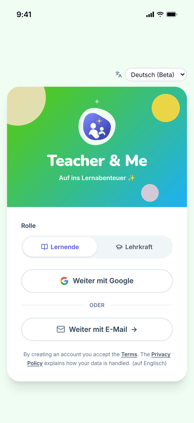 Sign in on phone: The single sign-in card, shared by students and tutors. Interface in German, invented demo data.