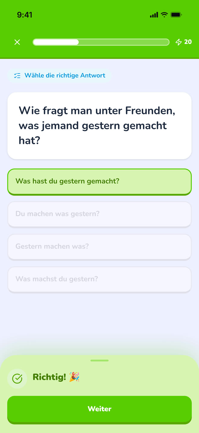 Multiple choice, answered on phone: A multiple-choice question just answered correctly, showing the feedback state. Interface in German, invented demo data.