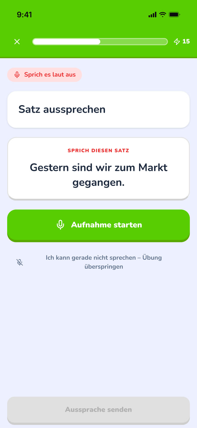 Pronunciation on phone: The pronunciation exercise at rest, before recording. Interface in German, invented demo data.