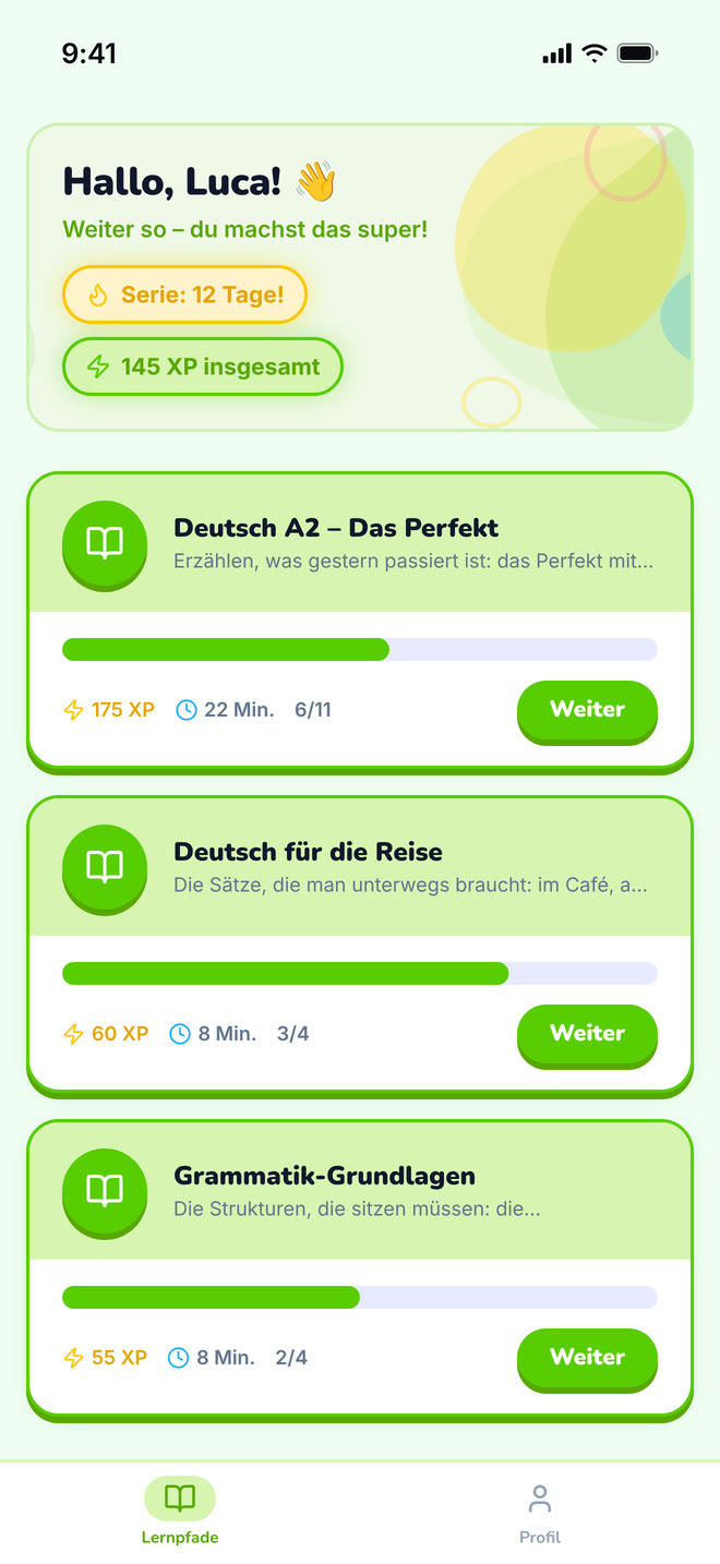 My paths on phone: The student’s home: the paths their tutor assigned them. Interface in German, invented demo data.