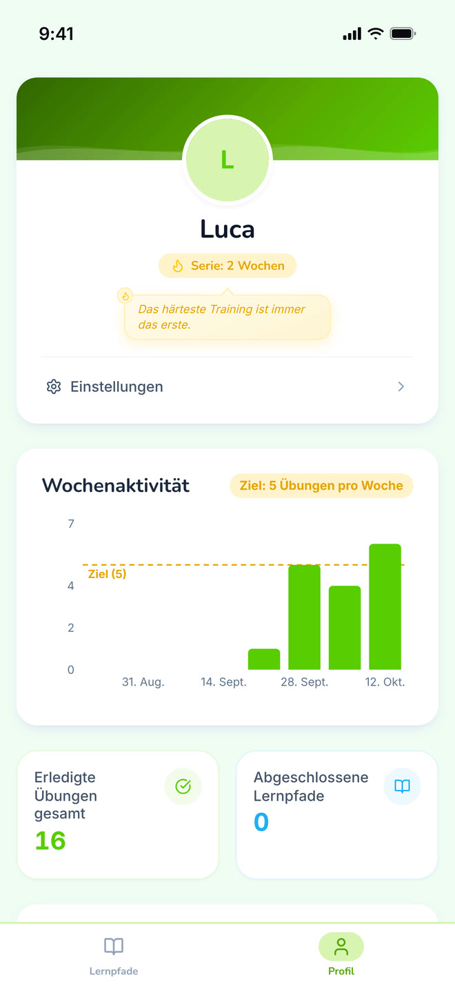 Student profile on phone: The student’s own progress, away from any single path. Interface in German, invented demo data.