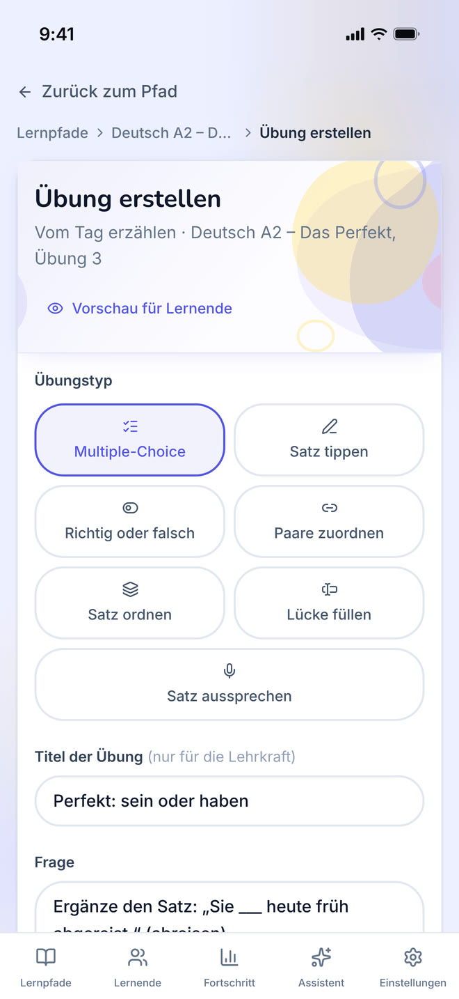 Exercise editor on phone: The form one exercise is written in, filled with a multiple-choice question. Interface in German, invented demo data.