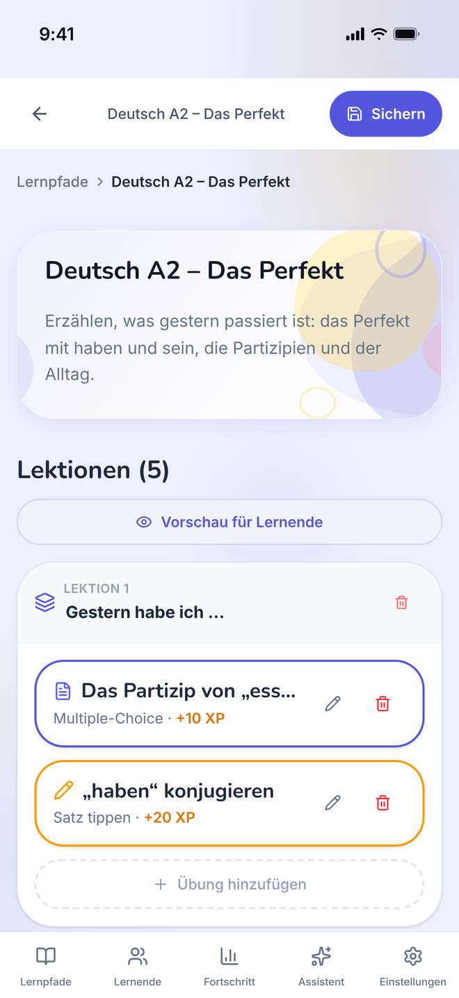 Path editor on phone: One path opened for editing: its lessons, in order. Interface in German, invented demo data.