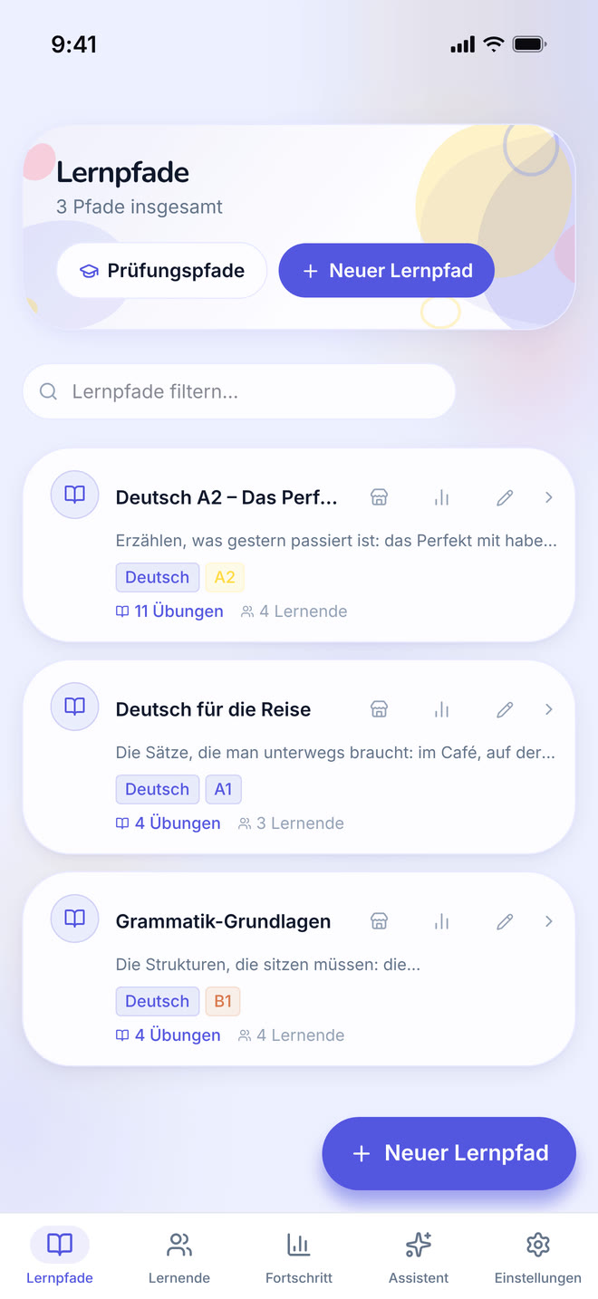 Learning paths on phone: The tutor’s own paths, the first screen after signing in as a teacher. Interface in German, invented demo data.
