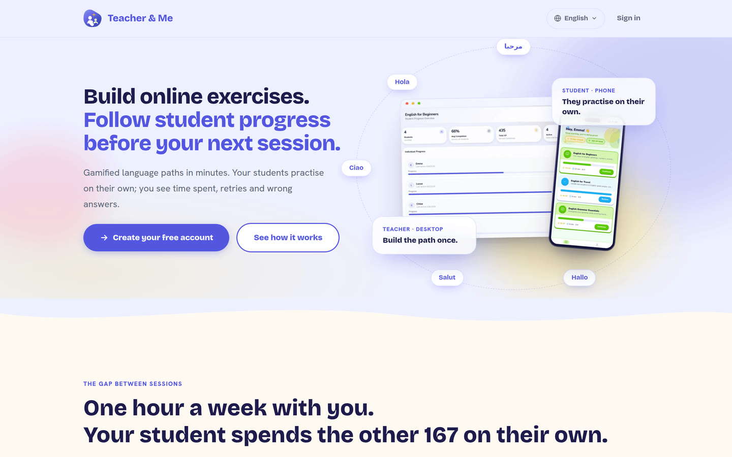 Homepage on desktop: The public homepage as it first paints, above the fold. Interface in English, invented demo data.