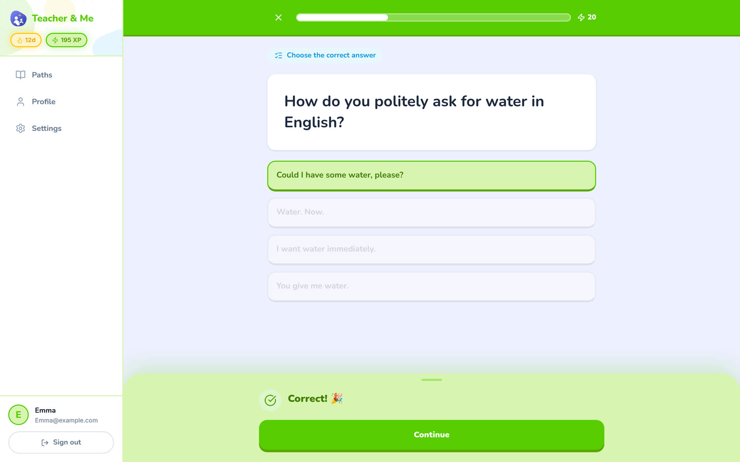 Multiple choice, answered on desktop: A multiple-choice question just answered correctly, showing the feedback state. Interface in English, invented demo data.