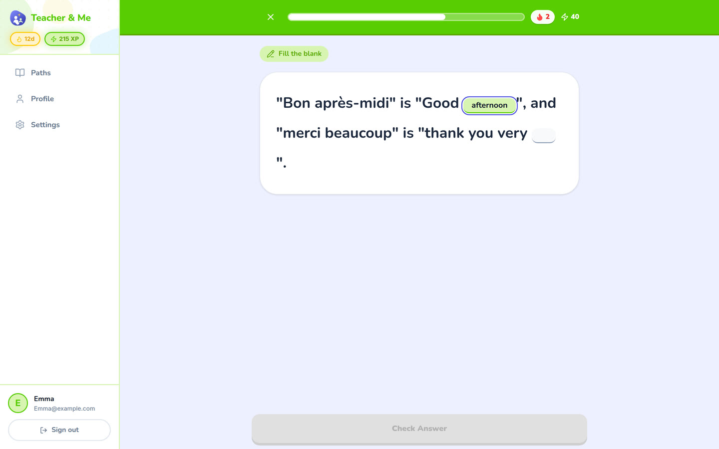 Fill in the blank on desktop: A sentence with two gaps, the first one typed in. Interface in English, invented demo data.