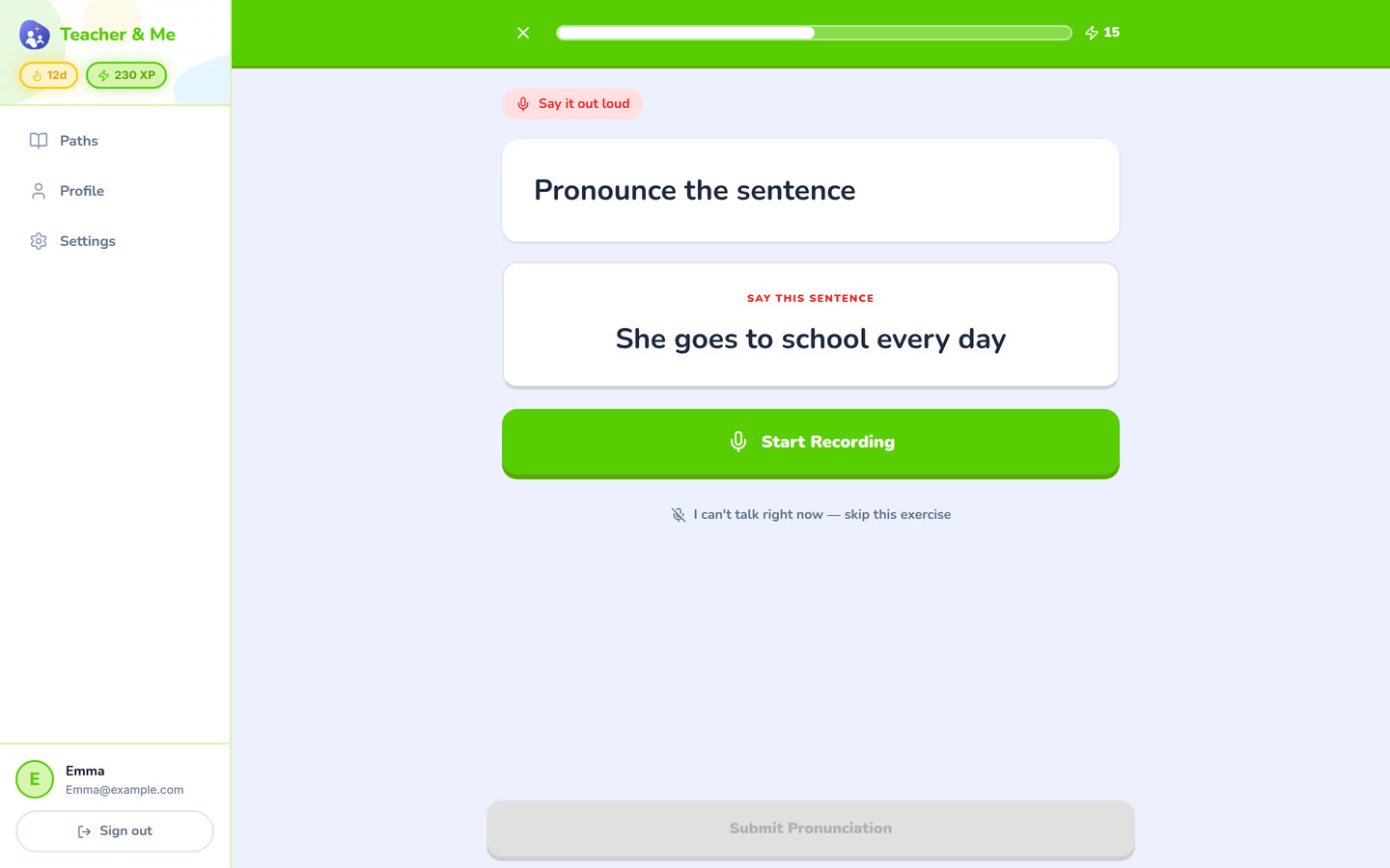 Pronunciation on desktop: The pronunciation exercise at rest, before recording. Interface in English, invented demo data.