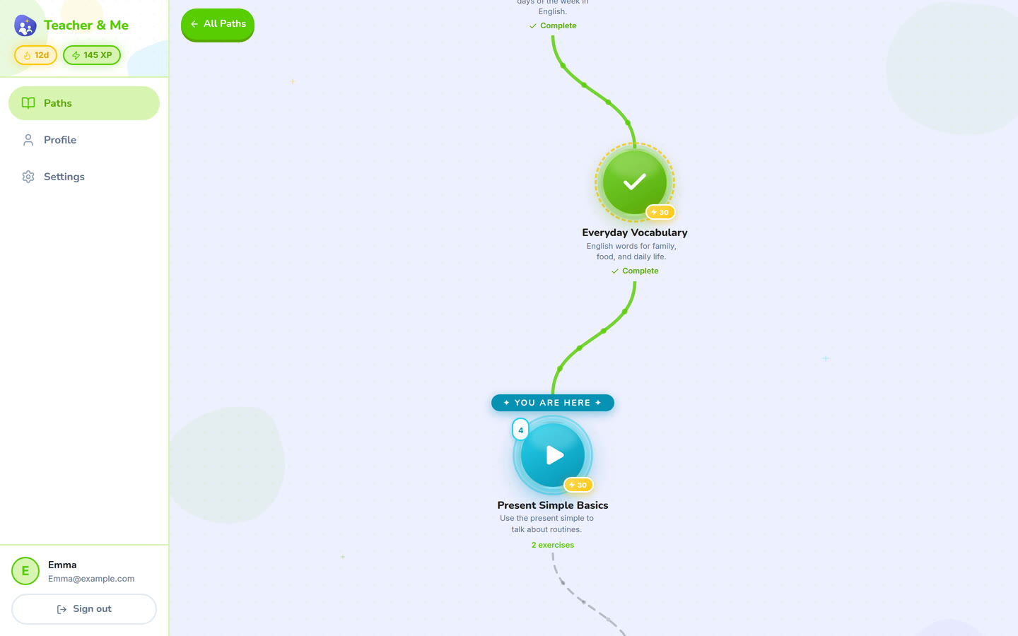 Lesson map on desktop: The winding map the student walks, one lesson at a time. Interface in English, invented demo data.