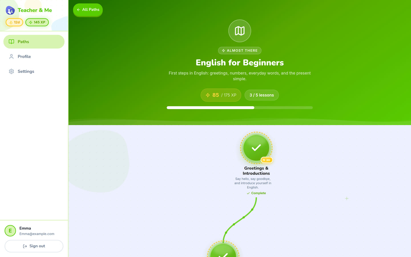 Path header on desktop: The top of one path: its title, XP and progress, above the map. Interface in English, invented demo data.