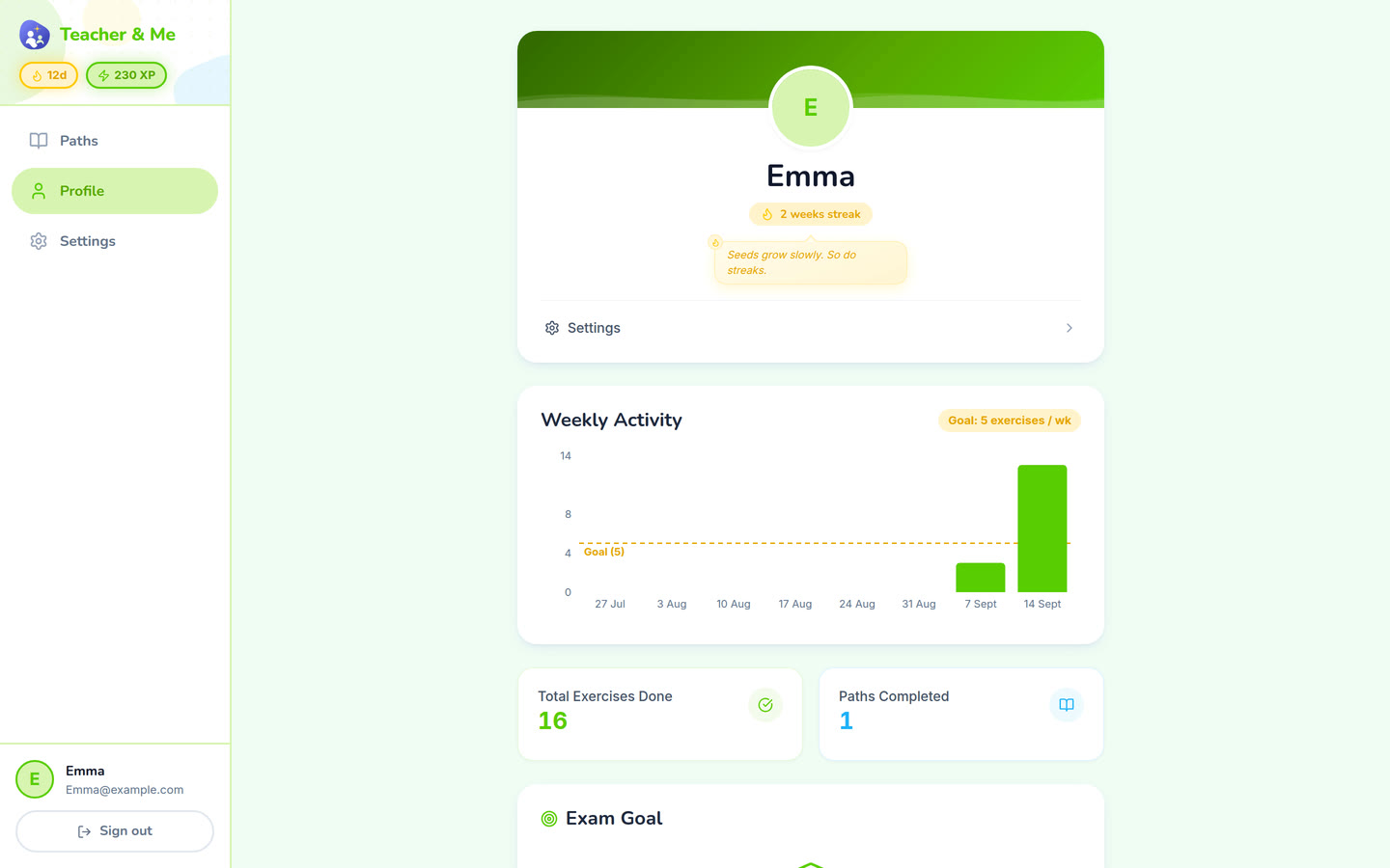 Student profile on desktop: The student’s own progress, away from any single path. Interface in English, invented demo data.