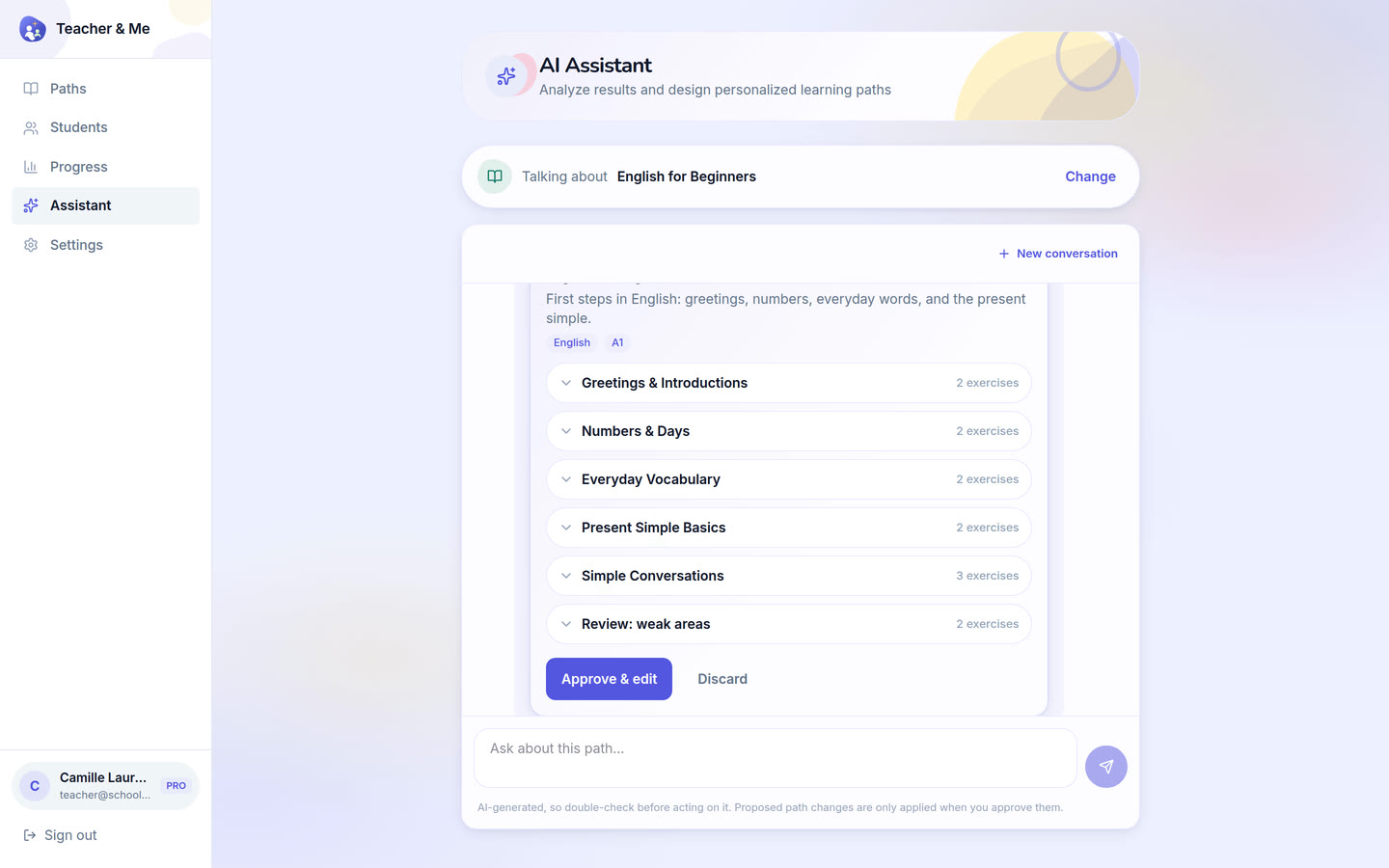 Assistant on desktop: The assistant answering a question about a path and proposing a lesson to add, with an approve control. Interface in English, invented demo data.