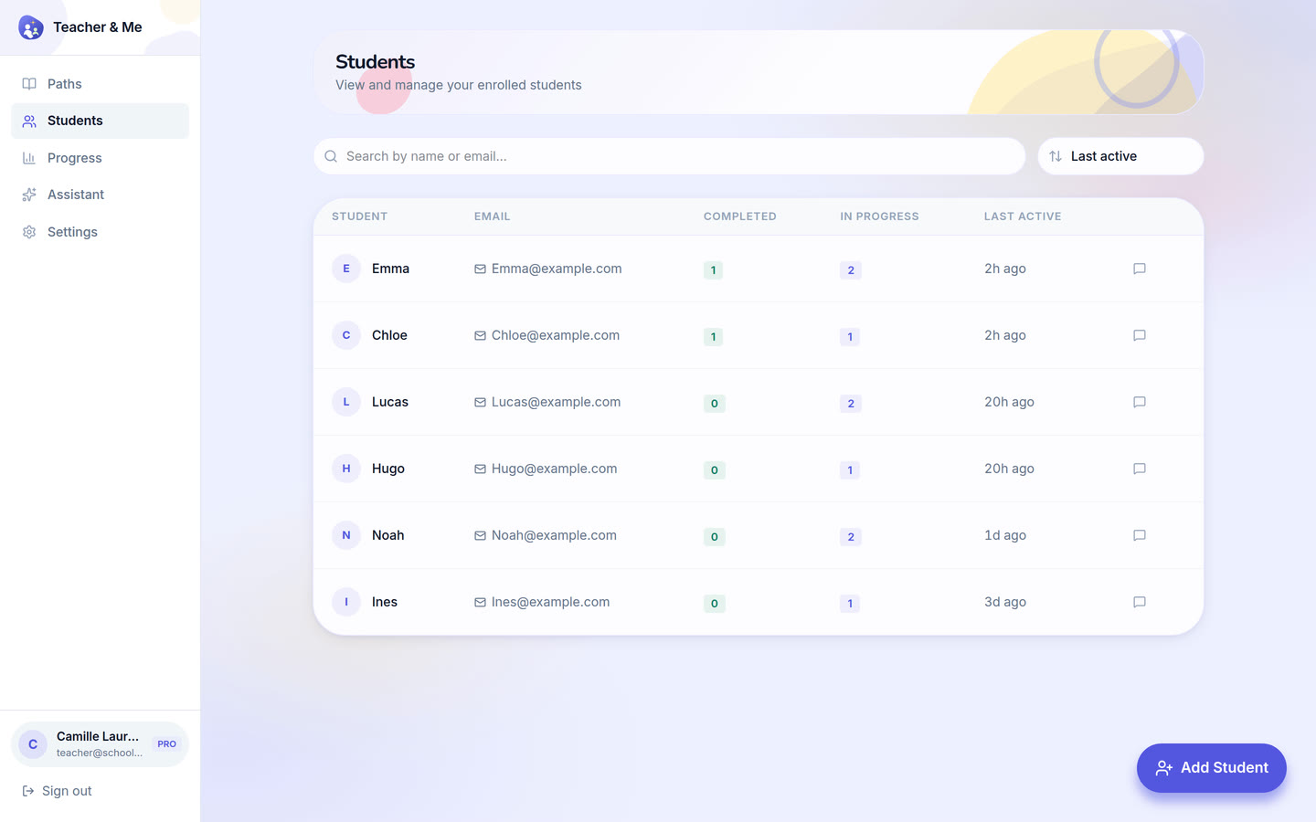 Students on desktop: The tutor’s roster: every student they teach, in one searchable list. Interface in English, invented demo data.