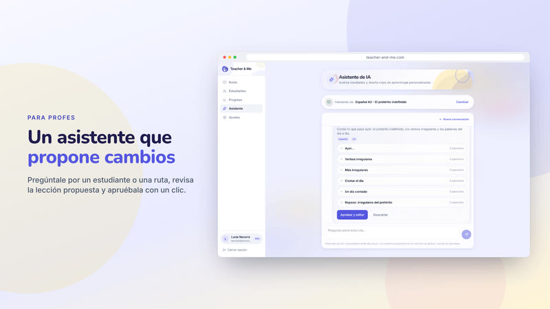 Poster card “Un asistente que propone cambios”: The assistant proposing a lesson for review, in a browser frame. Interface in Spanish, invented demo data.