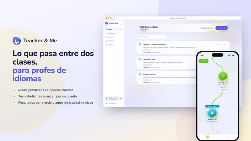 Poster card “Lo que pasa entre dos clases, para profes de idiomas”: The one card that says what the product is: logo, tagline and both apps side by side. Interface in Spanish, invented demo data.