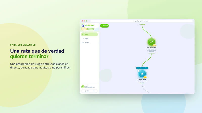 Poster card “Una ruta que de verdad quieren terminar”: The student’s winding lesson map in a browser frame. Interface in Spanish, invented demo data.