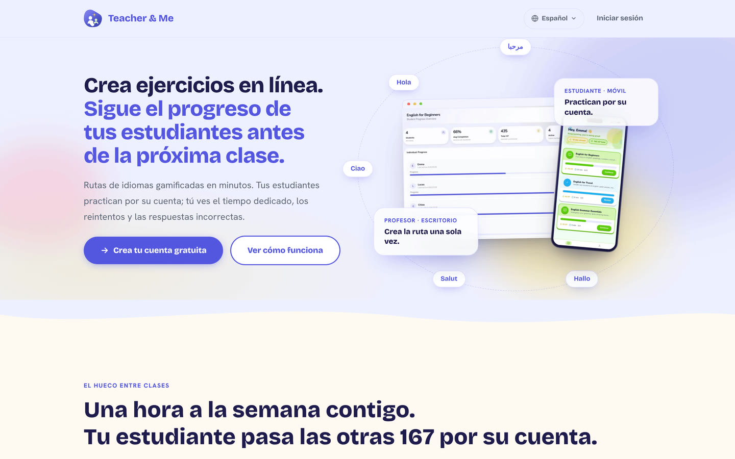 Homepage on desktop: The public homepage as it first paints, above the fold. Interface in Spanish, invented demo data.