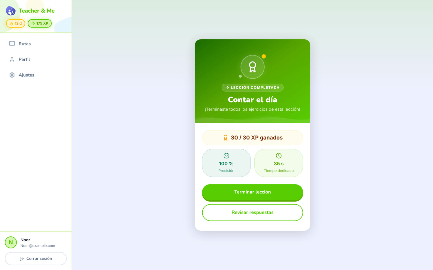 Lesson complete on desktop: The card that closes a finished lesson. Interface in Spanish, invented demo data.