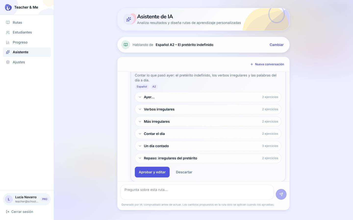 Assistant on desktop: The assistant answering a question about a path and proposing a lesson to add, with an approve control. Interface in Spanish, invented demo data.