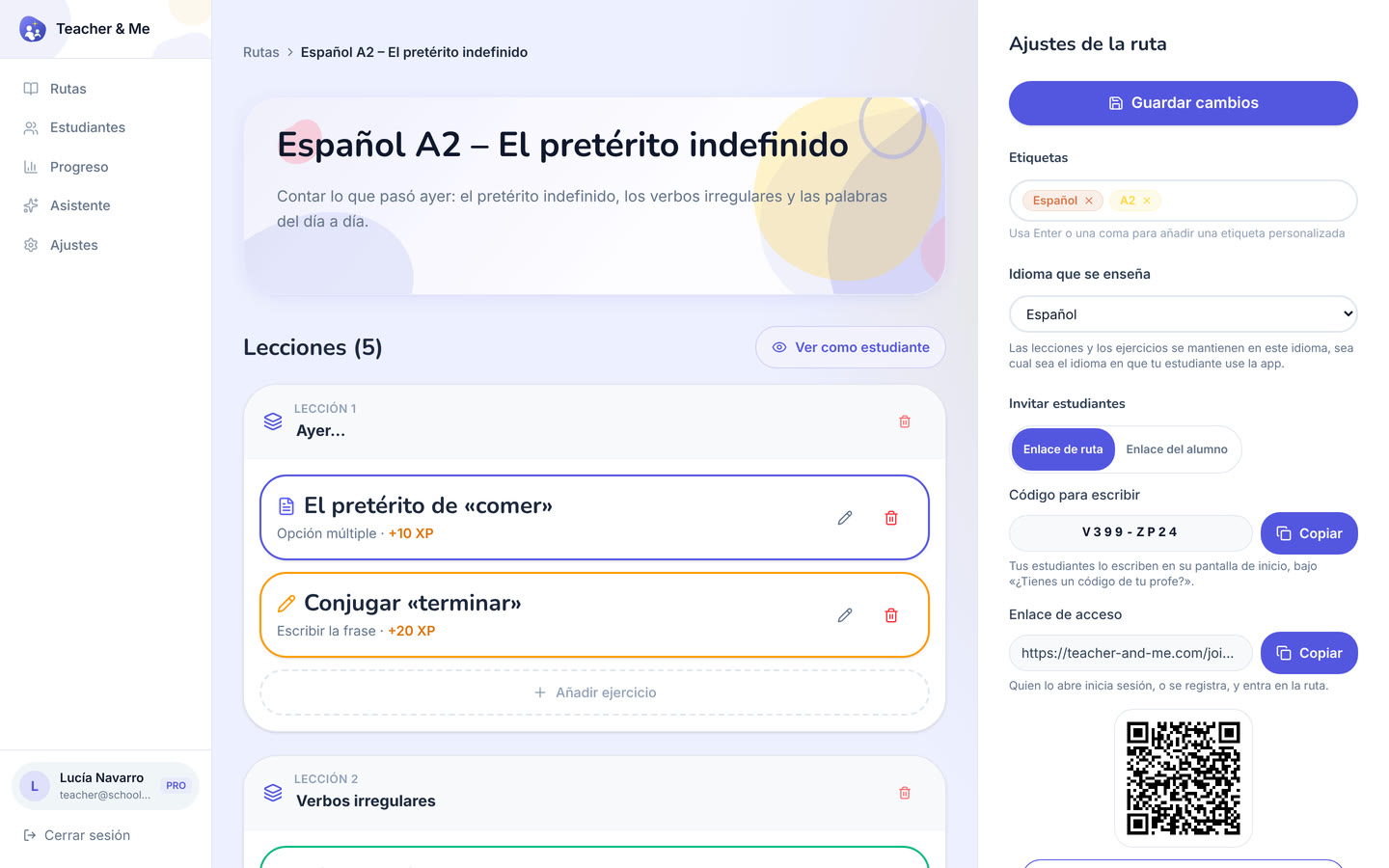 Path editor on desktop: One path opened for editing: its lessons, in order. Interface in Spanish, invented demo data.