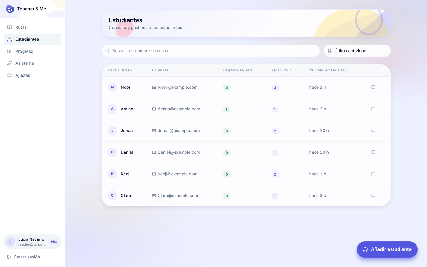 Students on desktop: The tutor’s roster: every student they teach, in one searchable list. Interface in Spanish, invented demo data.