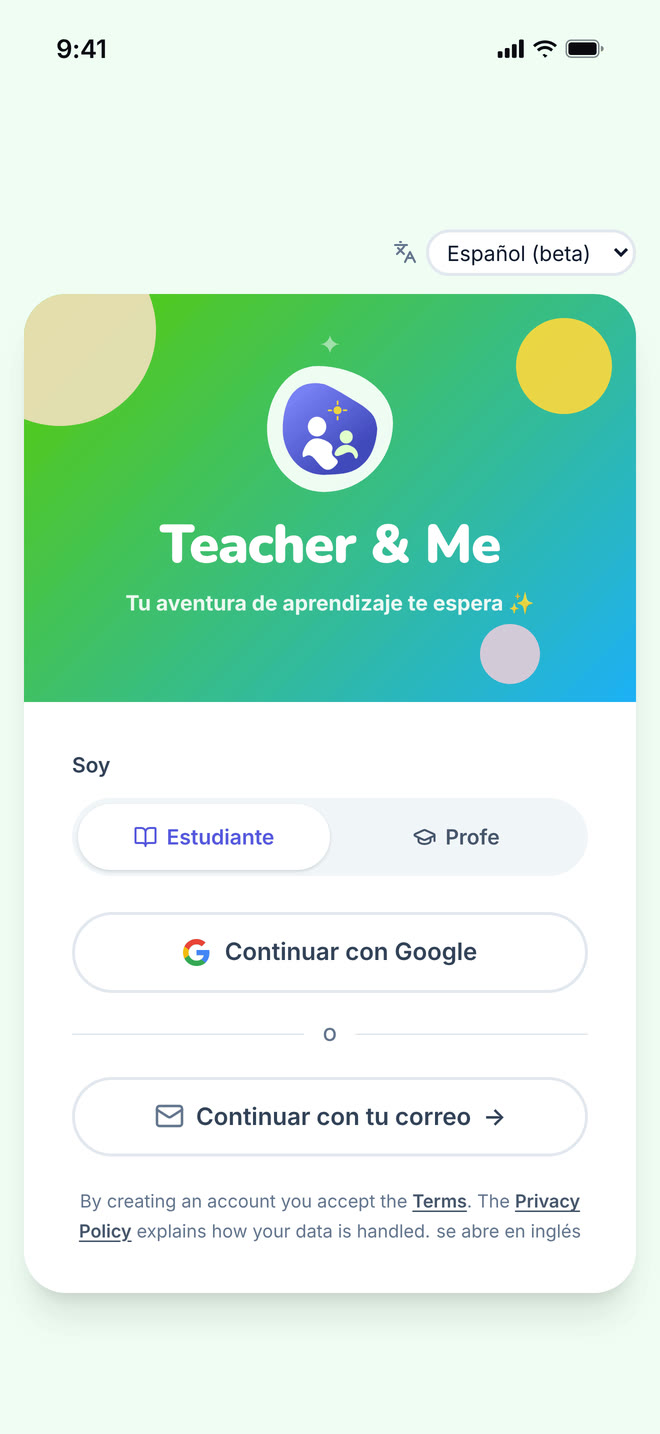 Sign in on phone: The single sign-in card, shared by students and tutors. Interface in Spanish, invented demo data.