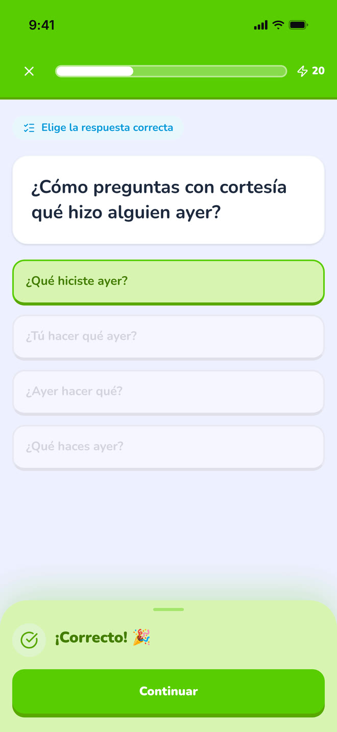 Multiple choice, answered on phone: A multiple-choice question just answered correctly, showing the feedback state. Interface in Spanish, invented demo data.