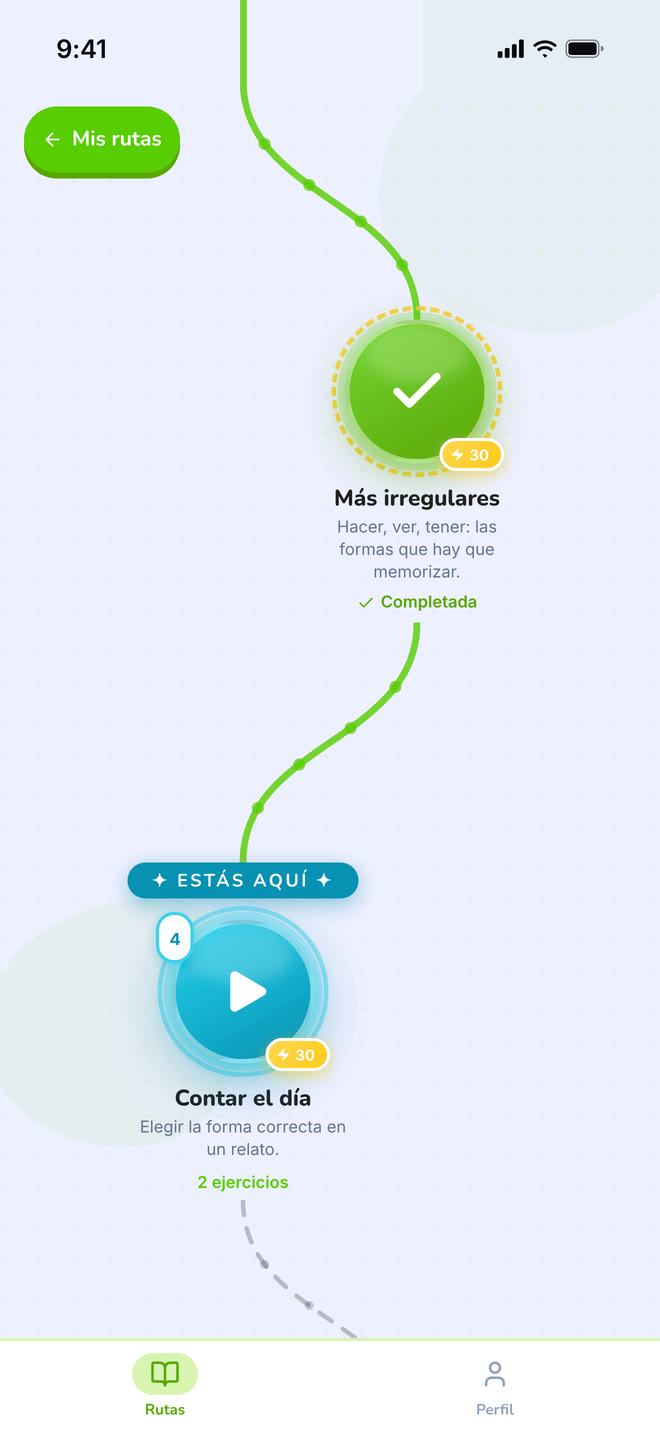 Lesson map on phone: The winding map the student walks, one lesson at a time. Interface in Spanish, invented demo data.
