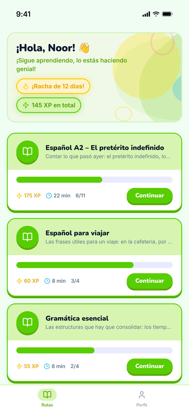 My paths on phone: The student’s home: the paths their tutor assigned them. Interface in Spanish, invented demo data.
