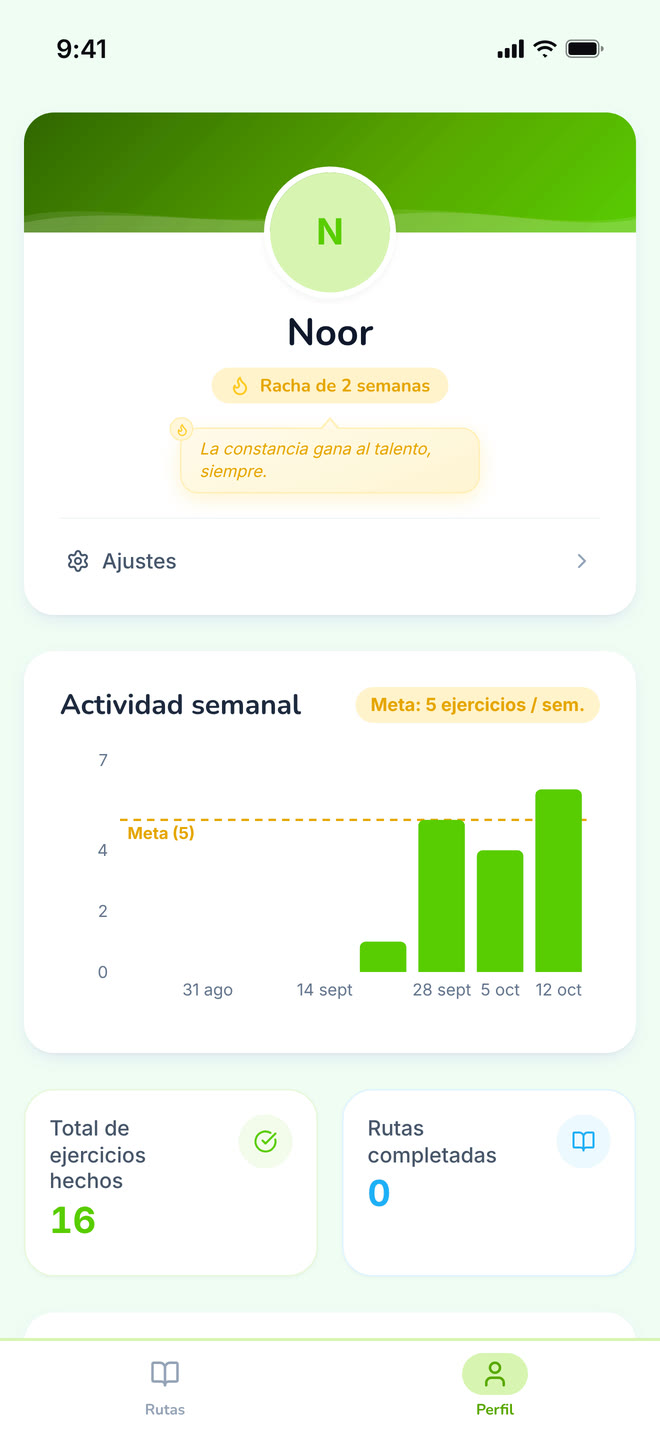 Student profile on phone: The student’s own progress, away from any single path. Interface in Spanish, invented demo data.
